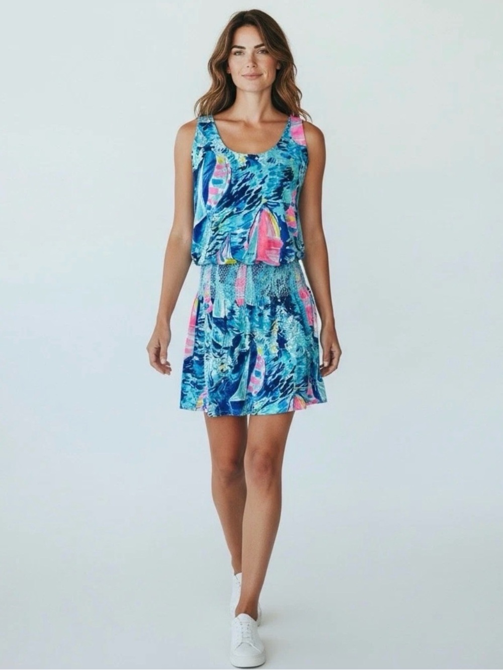 Lilly Pulitzer Tideline Dress Racerback Sleeveless Hey Bay Bay Blue Sailboat M